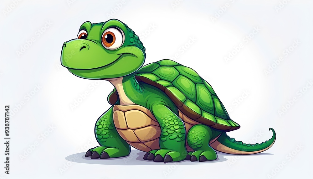 A cute, cartoon baby turtle with large, expressive eyes and a friendly smile. Its shell is a vibrant green with darker green markings, and it has a playful, curious expression.