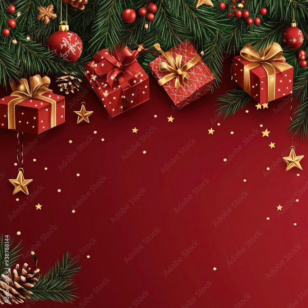 Christmas and New Year greeting cards background with Xmas decoration tree branches with gifts and stars Christmas and New Year greeting cards background with Xmas decoration tree branches with gifts and stars