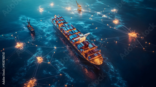 A global supply chain network visualized through GenAI algorithms optimizing routes, predicting demand, and ensuring sustainability, resulting in cost savings and reduced environmental impact
