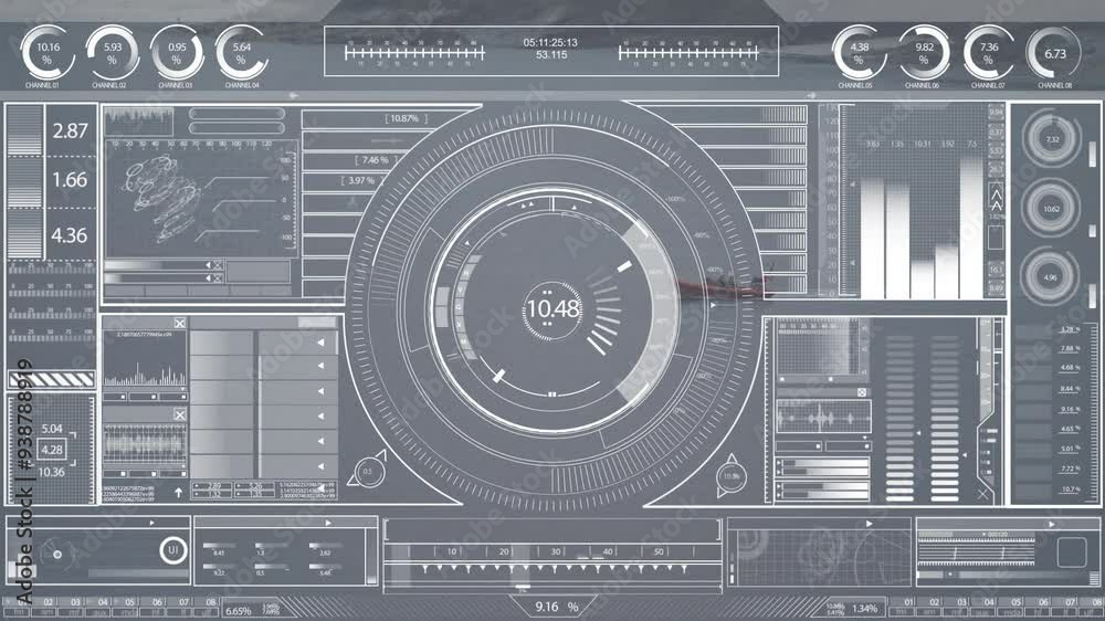 Futuristic data processing animation with circular interface and various charts Futuristic data processing animation with circular interface and various charts