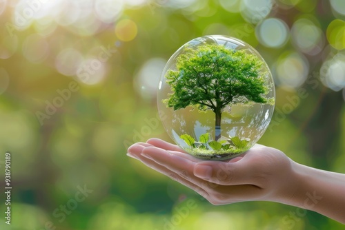 hand holding glass globe ball with tree growing and green nature blur background. eco concept