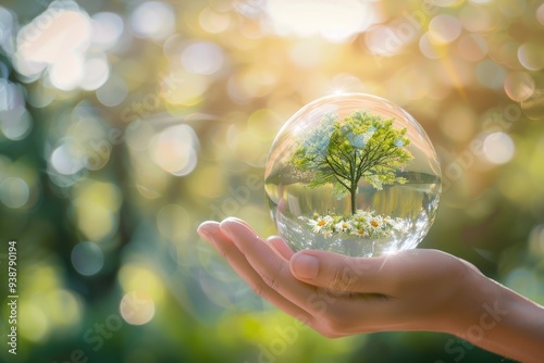 hand holding glass globe ball with tree growing and green nature blur background. eco concept