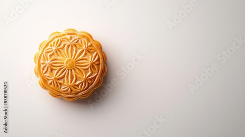 A minimalist design featuring a single mooncake with an intricate design, isolated on a plain white background, with soft shadows and no distractions, perfect for product photography or cultural