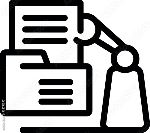 Simple icon of a robotic arm putting a document in a folder, representing the automation of office work