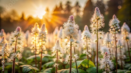 Tiarella's delicate white petals unfurl amidst intricate foliage, softly glowing morning dew, and misty dawn light, in a wide-angle shot, with shallow focus, warm color palette.