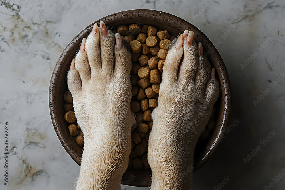 Obraz premium dog's paws next to a bowl filled with kibble, set against a vibrant background, highlighting pet care and feeding. 