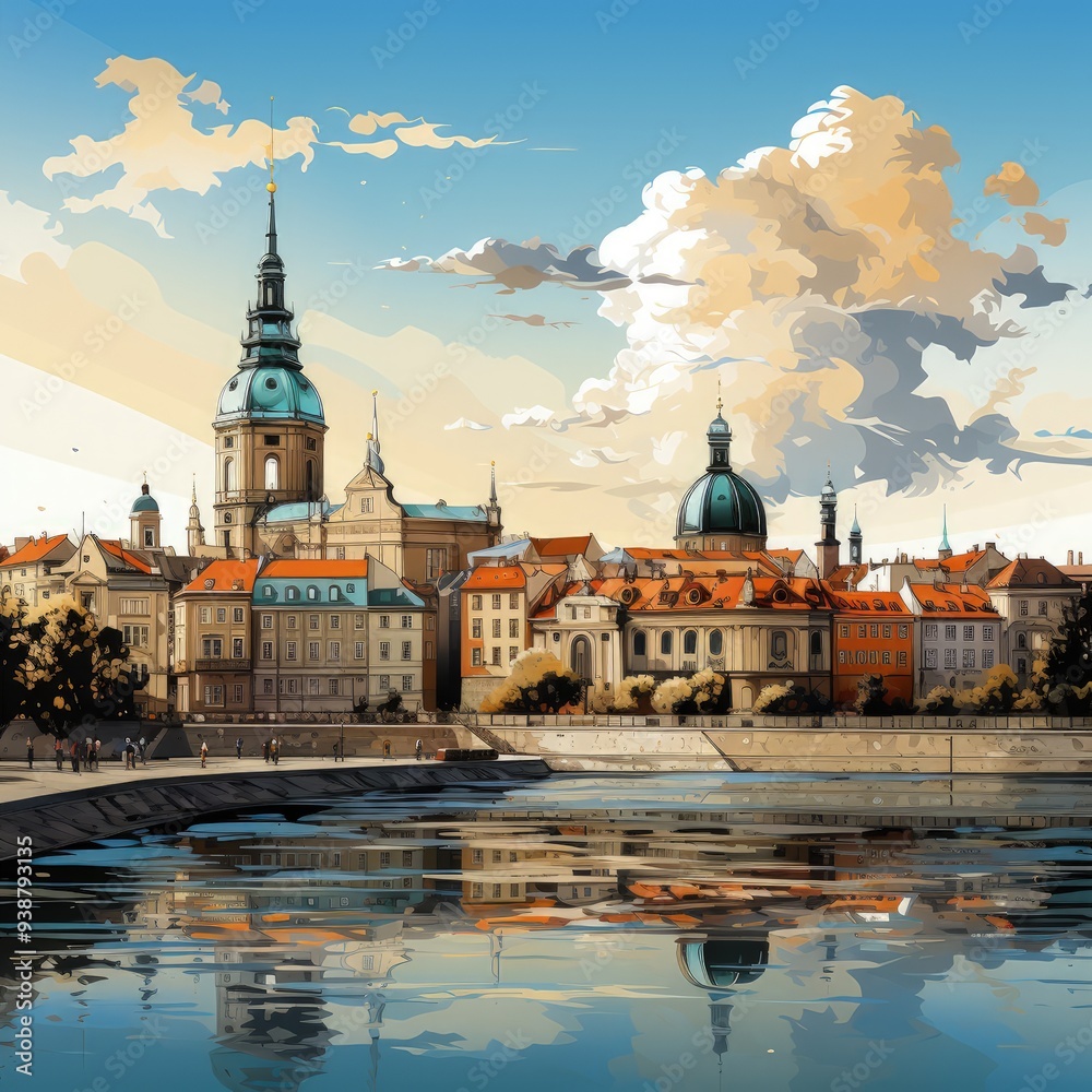 Obraz premium Vibrant Digital Art Depicting Warsaw's Architectural Landmarks