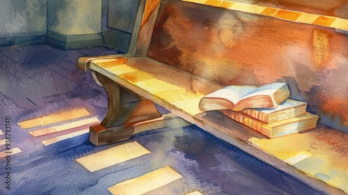 Watercolor illustration of hymnals on a church bench