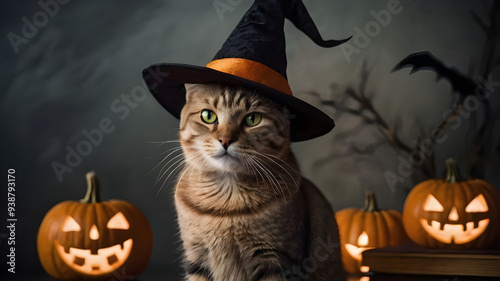 Cat with witch hat and pumpkin lanterns. Halloween background.