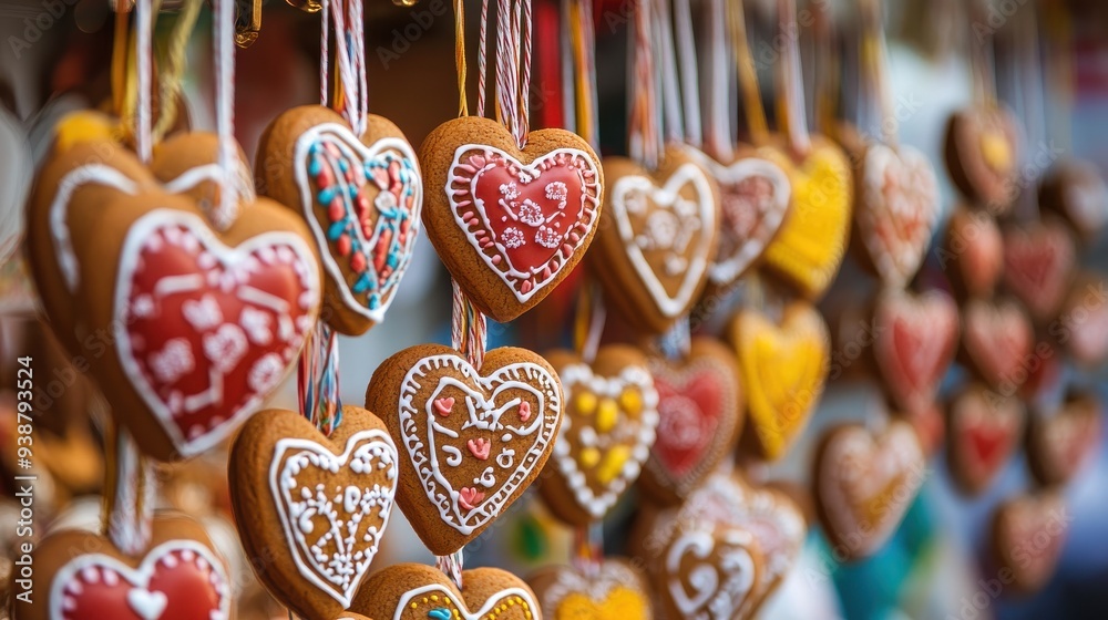 A colorful display of gingerbread heart cookies at an Oktoberfest market stall, each decorated with intricate icing patterns and messages, hanging on strings and ready to be bought as souvenirs, with
