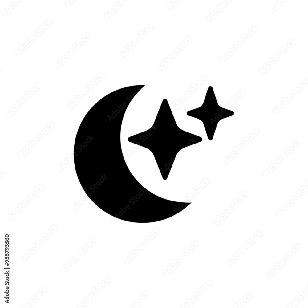 Moon with stars in night sky. Moon and star light isolated on white background. Crescent. Simple celestial shapes. Silhouette graphic elements. Icon sleep. Half moon with star. Black outline. Vector Moon with stars in night sky. Moon and star light isolated on white background. Crescent. Simple celestial shapes. Silhouette graphic elements. Icon sleep. Half moon with star. Black outline. Vector