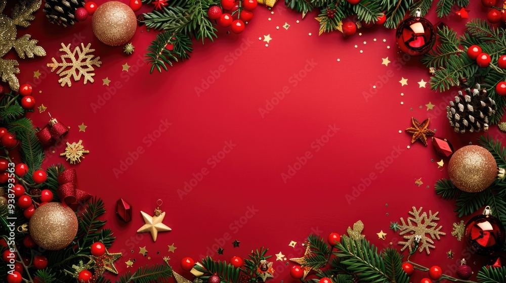 Christmas background with a red color and golden decoration, a gold frame border on the edges, with Christmas tree branches, snowflakes, stars, ornaments, holly leaves, and glitter dust on red paper. Christmas background with a red color and golden decoration, a gold frame border on the edges, with Christmas tree branches, snowflakes, stars, ornaments, holly leaves, and glitter dust on red paper.