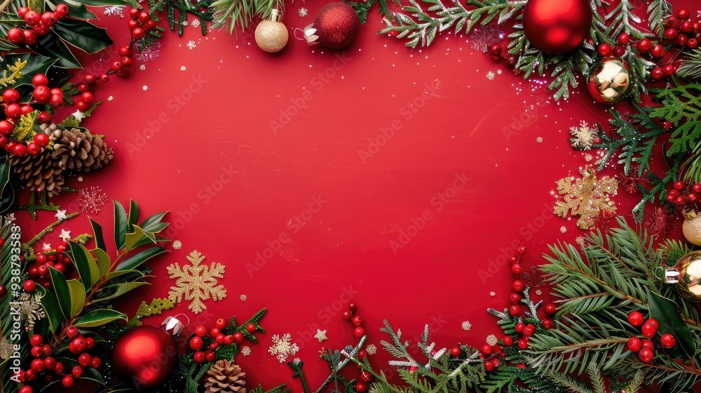 Christmas background with a red color and golden decoration, a gold frame border on the edges, with Christmas tree branches, snowflakes, stars, ornaments, holly leaves, and glitter dust on red paper. Christmas background with a red color and golden decoration, a gold frame border on the edges, with Christmas tree branches, snowflakes, stars, ornaments, holly leaves, and glitter dust on red paper.