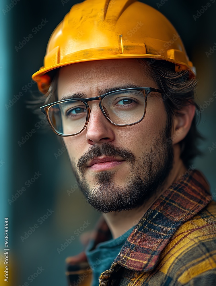 Close-up portrait of a construction worker wearing a hard hat and glasses. He has a serious expression on his face. Close-up portrait of a construction worker wearing a hard hat and glasses. He has a serious expression on his face.