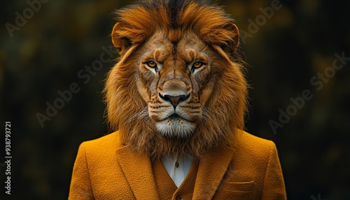 A striking lion head in a formal suit against a solid color background, perfect for Halloween-themed designs and versatile applications with copy space. photo