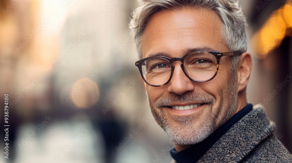 A close-up portrait of a smiling smart mature middle-aged man, a businessman wearing fashionable glasses and looking at the camera on a street background with a copy space. A close-up portrait of a smiling smart mature middle-aged man, a businessman wearing fashionable glasses and looking at the camera on a street background with a copy space.