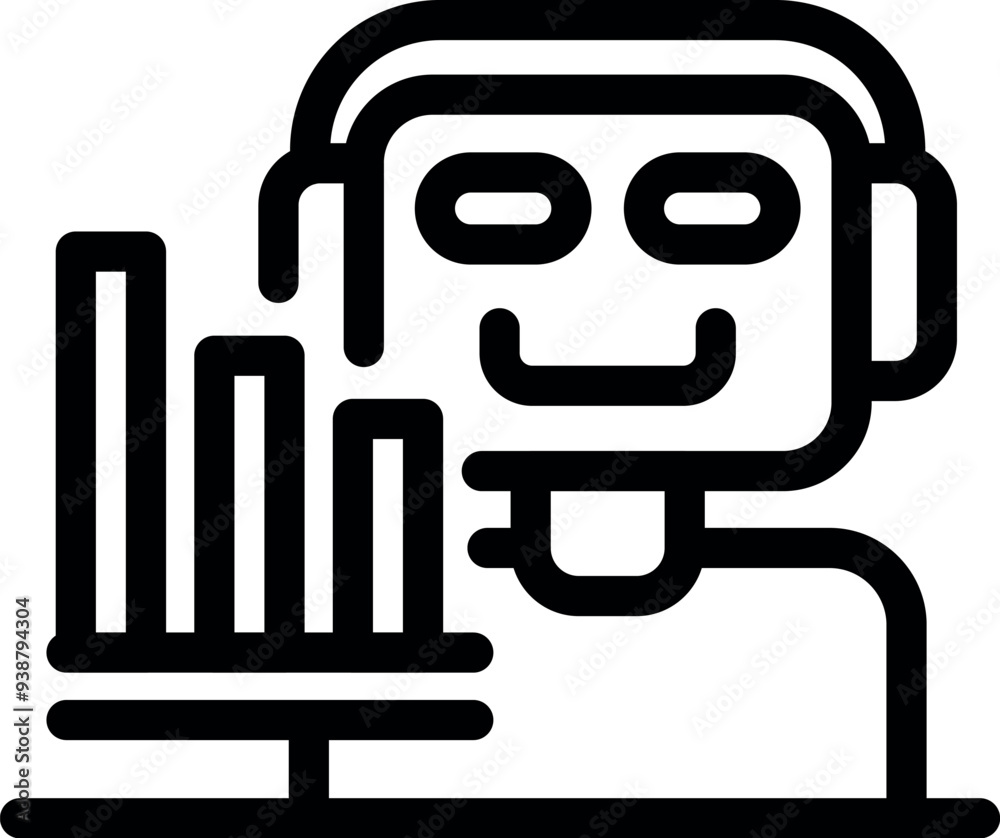 Chatbot is wearing headphones and analyzing a growing bar chart, suggesting its use in developing successful business strategies Chatbot is wearing headphones and analyzing a growing bar chart, suggesting its use in developing successful business strategies