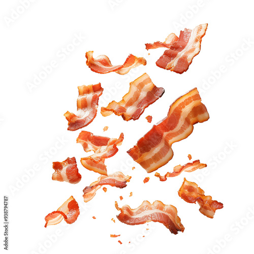 Falling pieces of bacon isolated on a transparent background photo