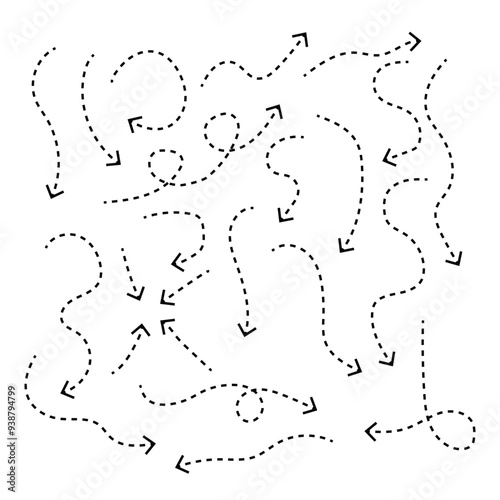 Set of squiggle line dashed arrows. Dotted hand drawn curved arrow. Doodle arrows of various shapes and directions.  Zigzag arrow stripes design with dotted lines. vector.
