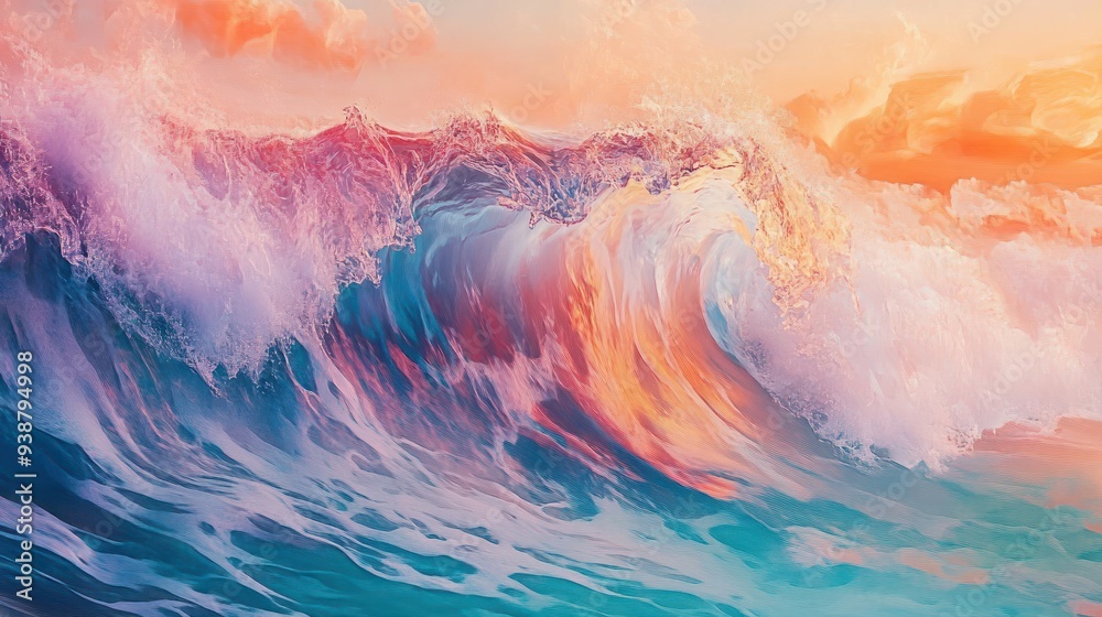 Fototapeta premium An abstract background depicting the rhythmic movement of water as it crashes against the shore, creating a blend of hues and forms resembling a sea surf wave..illustration stock image