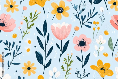 A blue and yellow floral pattern with pink flowers