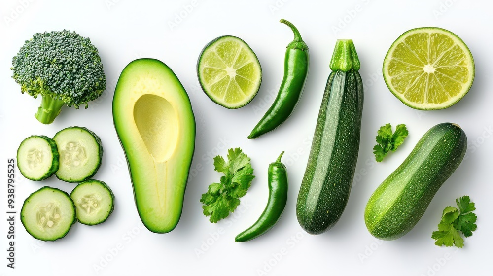 Avocado lime broccoli green pepper cucumber chilli pepper and zucchini arranged creatively in a flat lay depicting a food concept Green vegetables depicted on a white background Copy space imag Avocado lime broccoli green pepper cucumber chilli pepper and zucchini arranged creatively in a flat lay depicting a food concept Green vegetables depicted on a white background Copy space imag