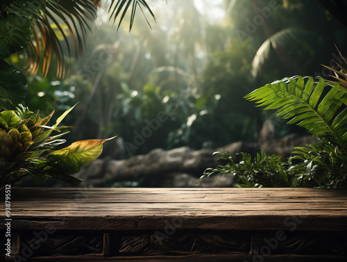 Incredible Empty wooden plank floor space with green garden leaves , product display space