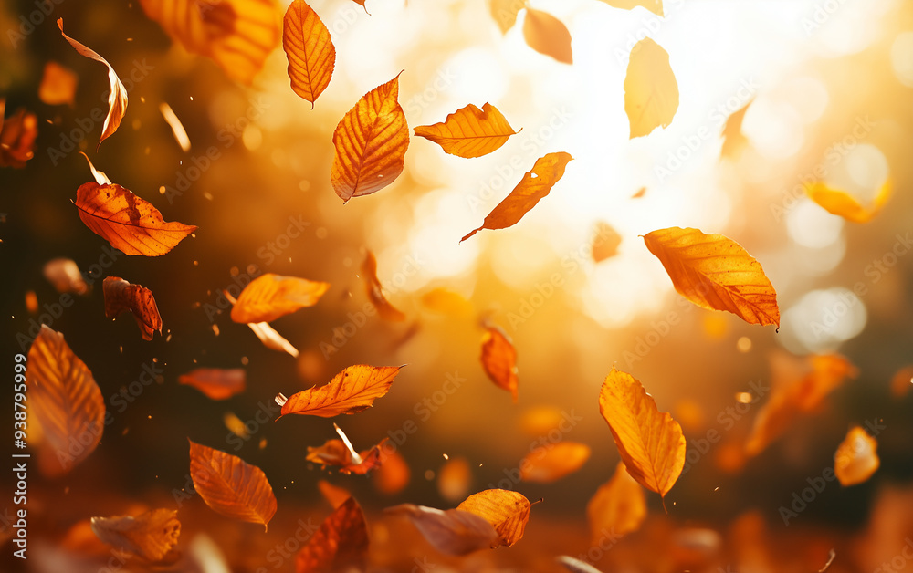 Falling orange, red, yellow leaves. Autumn park, forest blurred background. Vibrant backlight from the setting sun. Cozy harvest season atmosphere. Beautiful warm fall day Falling orange, red, yellow leaves. Autumn park, forest blurred background. Vibrant backlight from the setting sun. Cozy harvest season atmosphere. Beautiful warm fall day