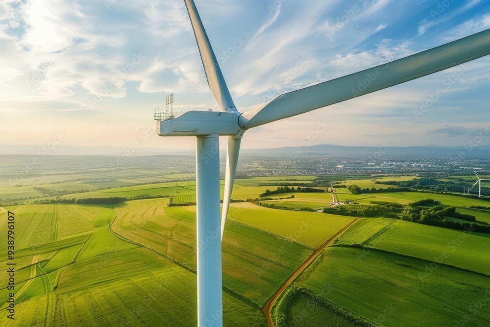 Obraz premium Aerial View of Wind Turbine Overlooking Green Fields