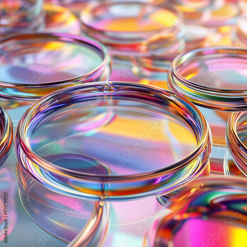 Glass disc shapes with colorful reflections composition. Acrylic and LED objects. 3d rendering illustration. Abstract mobile wallpaper, phone background, desktop wallpaper in shades of pink, purple