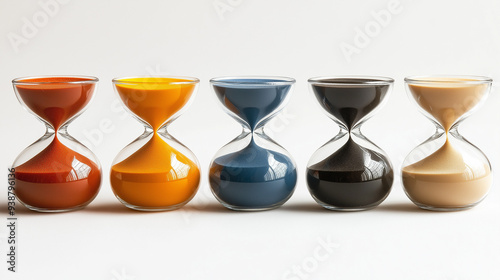 hourglass with sand, set of six glass sand timers on a white background, hourglass isolated on white