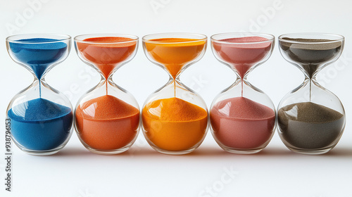 hourglass with sand, set of six glass sand timers on a white background, hourglass isolated on white