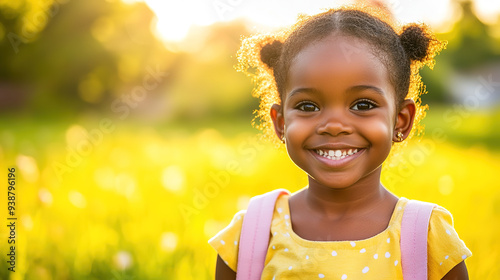 Close-up of a happy African American girl with a school bag, smiling brightly against a softly blurred background with vibrant studio lighting, captured in high detail.
