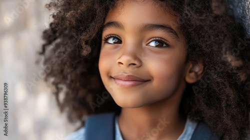  Close-up portrait of a cheerful African American girl smiling with a school bag, captured with vibrant colors and studio lighting against a blurred background. 