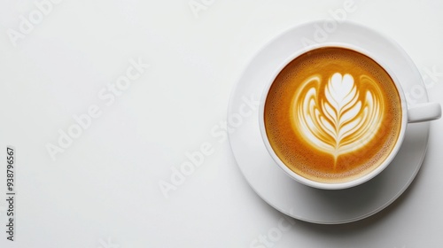 Photo of a cup with latte art on a white background, top view. Web banner with copy space