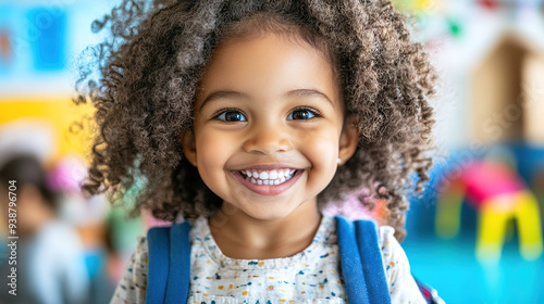 Close-up portrait of a cheerful African American girl smiling with a school bag, captured with vibrant colors and studio lighting against a blurred background. 