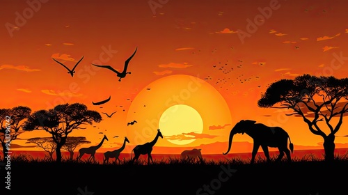 Silhouette African Safari Animal Landscape Scene.