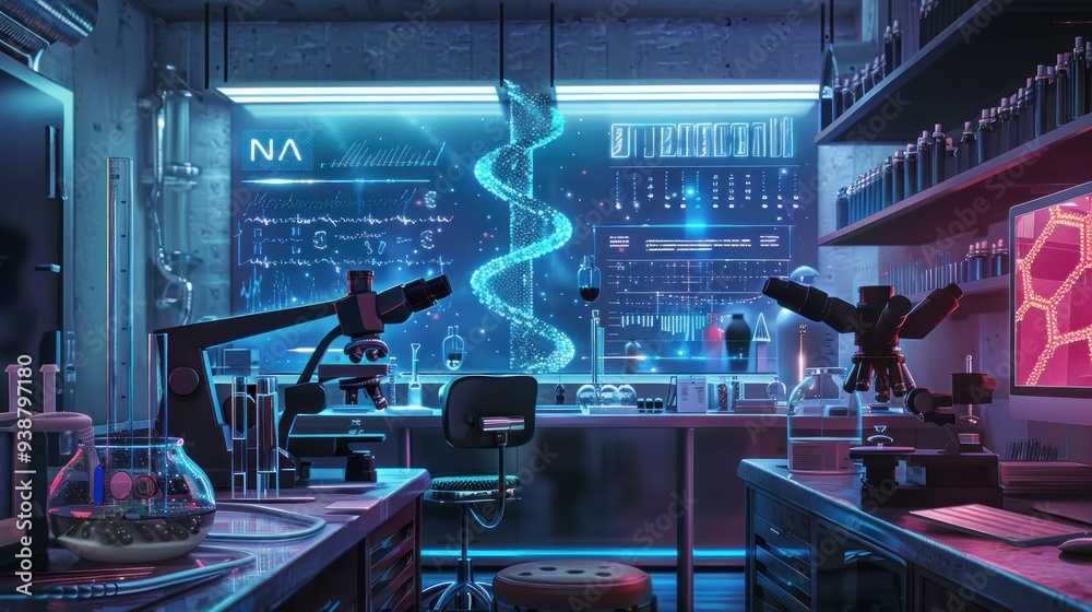 Futuristic Laboratory with DNA Helix and Microscopic Analysis Futuristic Laboratory with DNA Helix and Microscopic Analysis