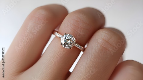 Close Up of Diamond Engagement Ring on Finger.