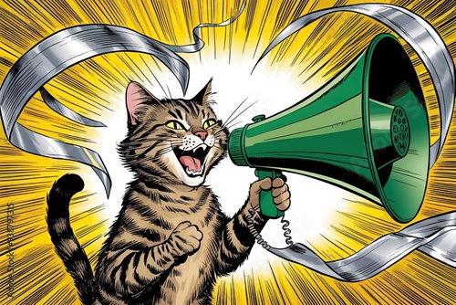 Dynamic Vintage Comic Sketch of a Cheerful Tabby Cat Hollering into a Green Megaphone with Swirling Gold and Silver Ribbons photo