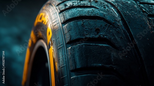 Closeup of a Wet Black Tire with a Yellow Stripe photo