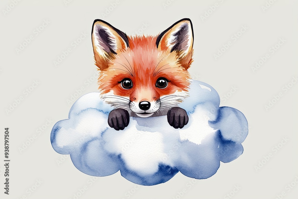 Fototapeta premium Charming Baby Fox Peeking from Fluffy Cloud in Watercolor Design