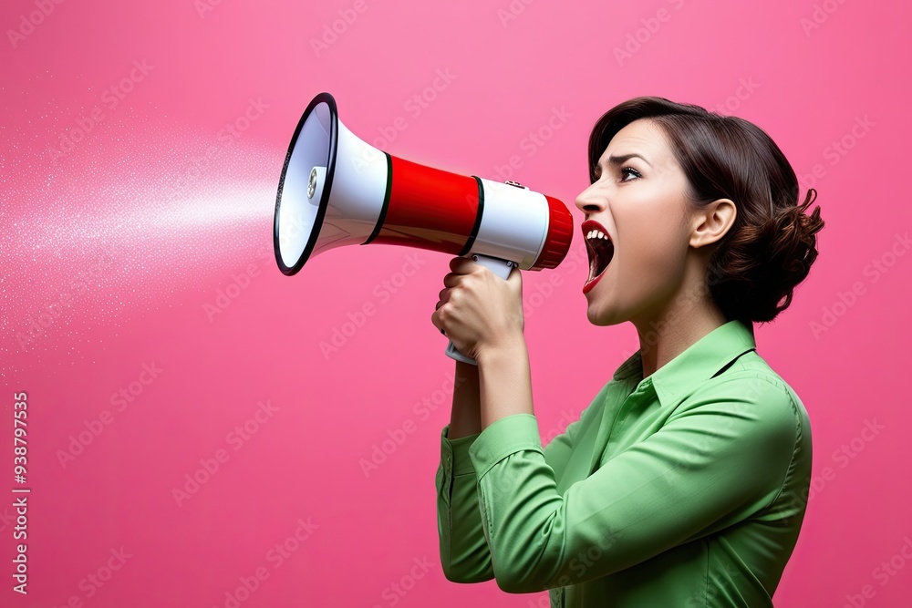 Whimsical Portrayal of a Woman Shouting into a Bullhorn Against a Cheerful Pink Backdrop Whimsical Portrayal of a Woman Shouting into a Bullhorn Against a Cheerful Pink Backdrop