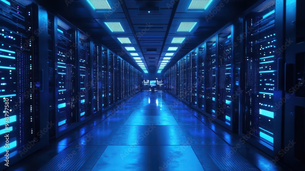 A futuristic server farm with endless rows of servers, each unit with blinking lights indicating constant data processing, AI-driven robots moving between the rows performing maintenance, and a A futuristic server farm with endless rows of servers, each unit with blinking lights indicating constant data processing, AI-driven robots moving between the rows performing maintenance, and a