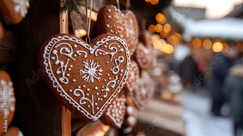 A beautifully decorated gingerbread heart cookie with intricate icing designs, hanging on a wooden stall at a Christmas market, evoking a warm and cheerful holiday spirit photo