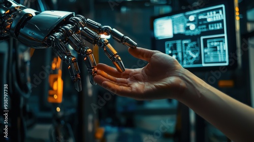A close-up of a robotic arm and a human hand reaching towards each other in a symbolic gesture of collaboration machine learning algorithms driving the robot's movements industrial background with