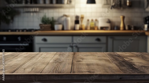 Ein hÃ¶lzerner Tisch vor einem verschwommenen KÃ¼chenhintergrund. Der leere Holztisch steht im Vordergrund, wÃ¤hrend die KÃ¼chenzeile im Hintergrund unscharf und weich beleuchtet ist. photo