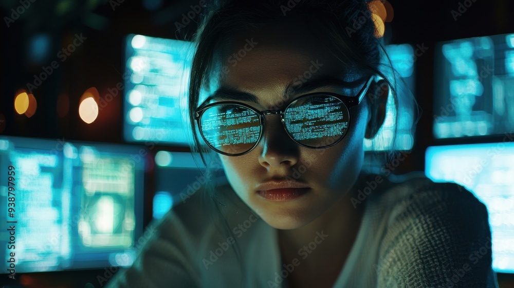 A programmer in a dark room lit by the glow of multiple screens, analyzing code for a machine learning project, with lines of code reflecting on their glasses, giving an intense and focused A programmer in a dark room lit by the glow of multiple screens, analyzing code for a machine learning project, with lines of code reflecting on their glasses, giving an intense and focused