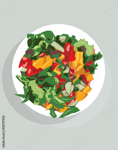 Vegetable summer salad vector in a round plate with tomatoes, cucumbers, beets, leaves, cucumbers, onions and herbs, healthy vegetarian food