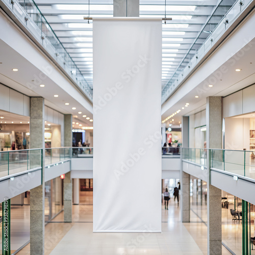 Mall hanging banner mockup. Blank white vertical indoor advertising poster sign billboard template design in shopping center or supermarket. AI generated